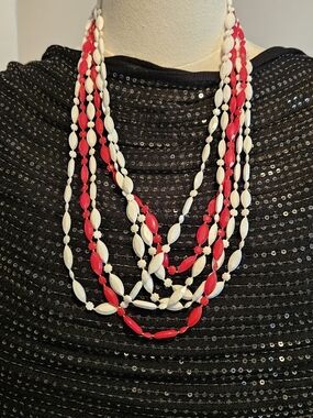 Multi-Strand Red & White Beaded Necklace - Women Jewelry